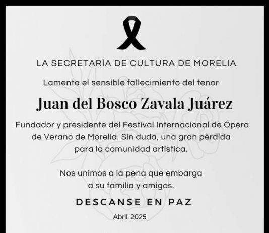 Lamenta SeCultura Morelia fallecimiento del tenor Juan del Bosco