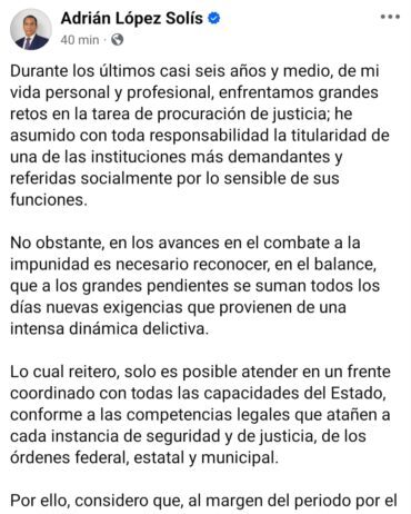Adrián López Solís anuncia su renuncia como fiscal general de Michoacán; se irá en agosto