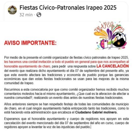 Presidente de Charo, entorpece fiestas tradicionales de Irapeo