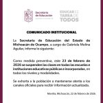 Se suspenden clases este lunes 23 de febrero: SEE