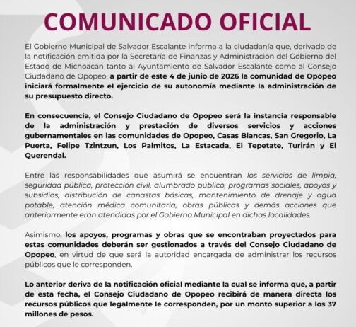 Opopeo deberá administrar y prestar servicios públicos, pues ya tiene sus 37 mdp por Autogobierno: Salvador Escalante