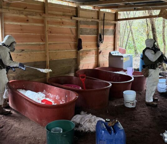“Ejército Mexicano y Guardia Nacional en coordinación con la Armada, Secretaría de Seguridad y Protección Ciudadana y Fiscalía General de la República localizaron e inhabilitaron un laboratorio clandestino para la elaboración de droga sintética en Zitácuaro, Mich.”